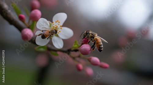 Two bees on a flowering branch with delicate white blossoms and pink buds, captured against a softly blurred background in a serene springtime setting