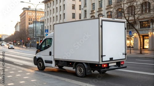 A white delivery truck parked on a city street near buildings, showcasing urban logistics in a bustling environment.