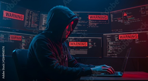 Hacker en una habitación oscura con advertencia de violación de seguridad cibernética