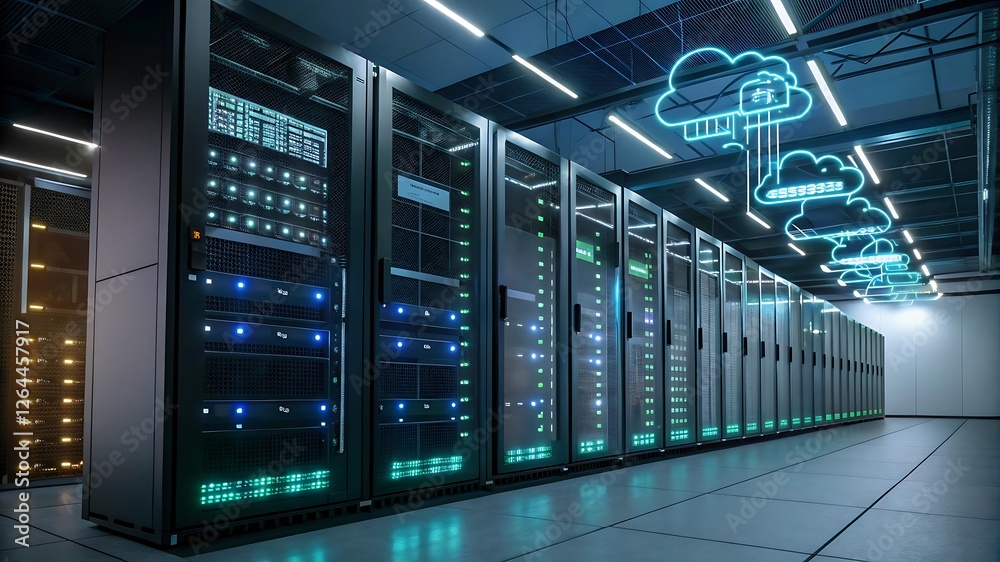 Futuristic AI-driven server room with neon-lit servers, holographic data processing units, and cybersecurity defense systems protecting business intelligence data Futuristic AI-driven server room with neon-lit servers, holographic data processing units, and cybersecurity defense systems protecting business intelligence data