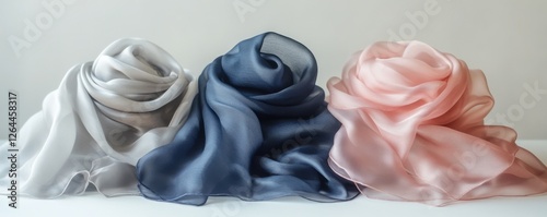 Elegant arrangement of pastel and navy chiffon fabrics on a bright windowsill