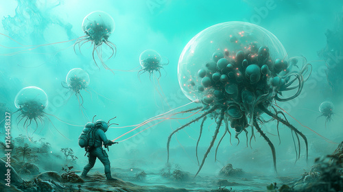 Underwater Alien Encounter: A lone astronaut, clad in a futuristic diving suit, confronts a massive, bioluminescent alien creature with tentacled appendages and a glowing core. photo