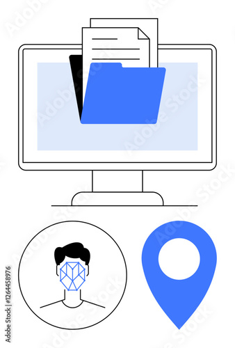 Desktop monitor with a file folder, documents, facial recognition icon, and location pin. Ideal for data analysis, security, tech advancements, AI, biometrics privacy abstract line flat metaphor