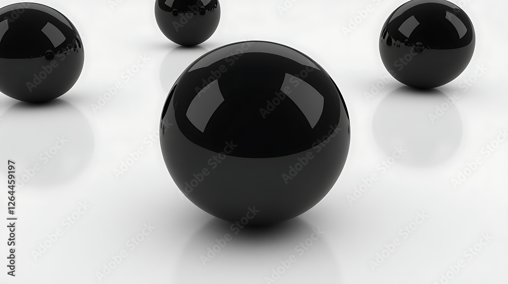 Collection of Dark Spheres on a White Surface Simulating Physical Laws and Reflections in Digital Art