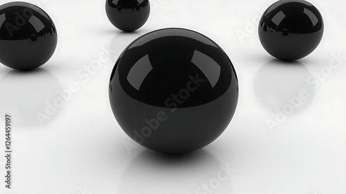Collection of Dark Spheres on a White Surface Simulating Physical Laws and Reflections in Digital Art