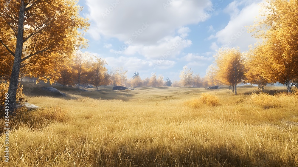 Fototapeta premium A peaceful meadow with tall golden grass and autumn trees