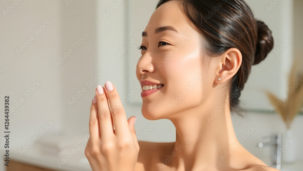 Radiant Skincare Routine: A young woman with flawless skin smiles serenely, applying skincare cream in a bright, sunlit bathroom. The image evokes a sense of calm and self-care. Radiant Skincare Routine: A young woman with flawless skin smiles serenely, applying skincare cream in a bright, sunlit bathroom. The image evokes a sense of calm and self-care.