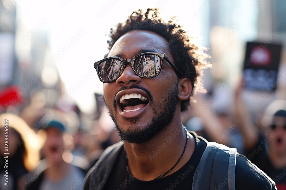 Young Man Joyfully Participating in a Public Demonstration