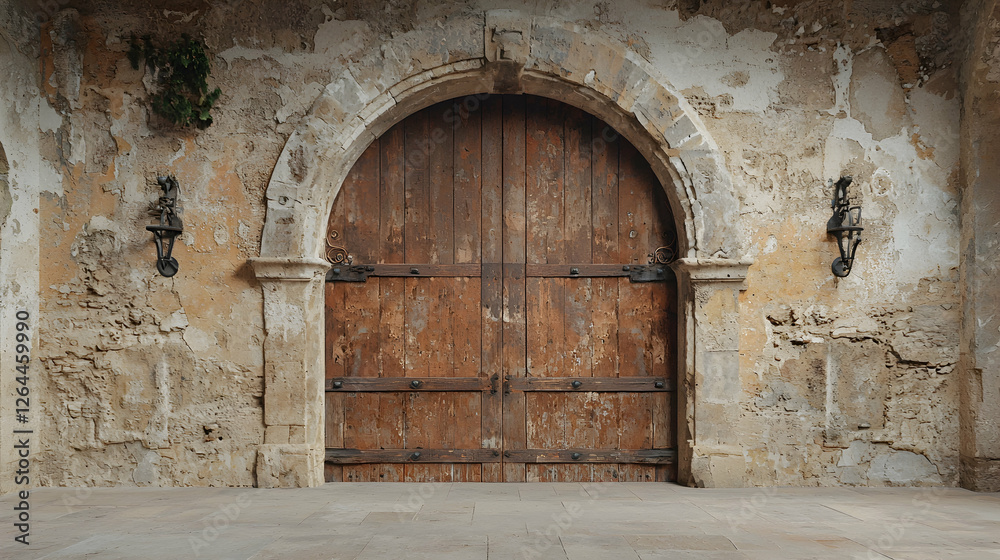 Ancient wooden arched door in stone wall, courtyard background, historical setting, ideal for travel brochures Ancient wooden arched door in stone wall, courtyard background, historical setting, ideal for travel brochures