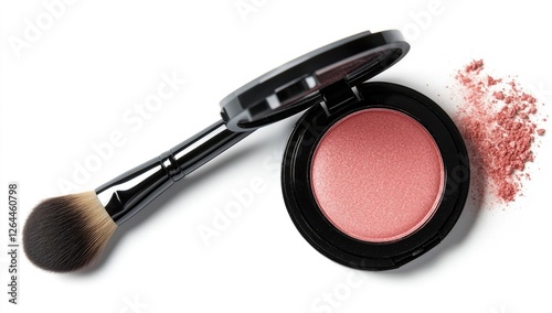 Blush compact, brush, scattered powder, studio shot