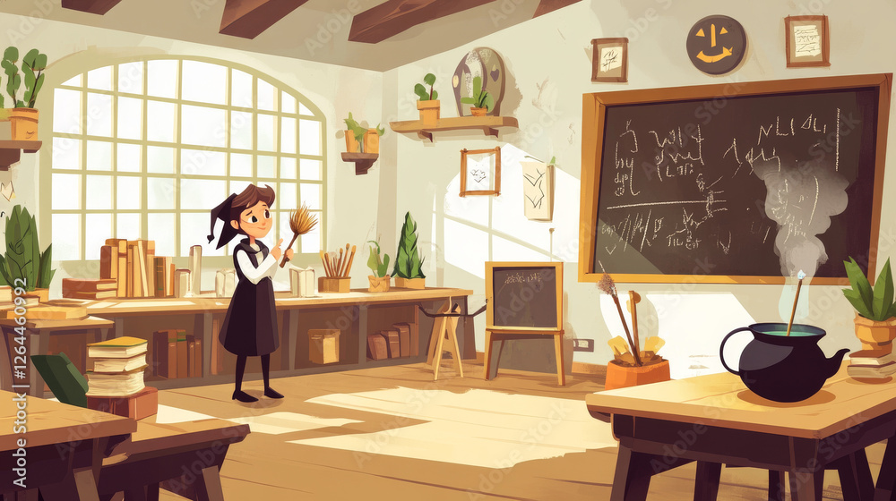Fototapeta premium Magic school, classroom interior with wooden desks for pupils and teacher, blackboard with chalk writings. Cauldron with potion, witch hat, spell book, wizard wand, broom. Cartoon vector illustration