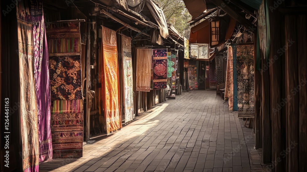 Charming Old Wooden Shops in a Photogenic Row of Vibrant Textiles Charming Old Wooden Shops in a Photogenic Row of Vibrant Textiles