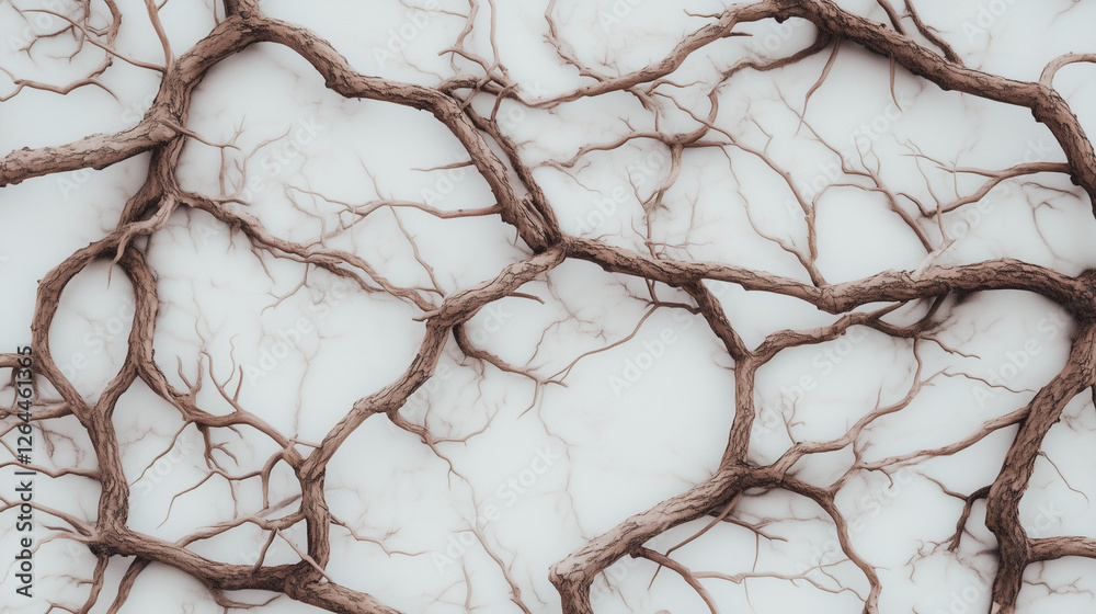 Fototapeta premium Intricate Branch Pattern: A captivating abstract image featuring a network of gnarled branches, their intricate patterns against a light backdrop, evoke a sense of both fragility and strength.