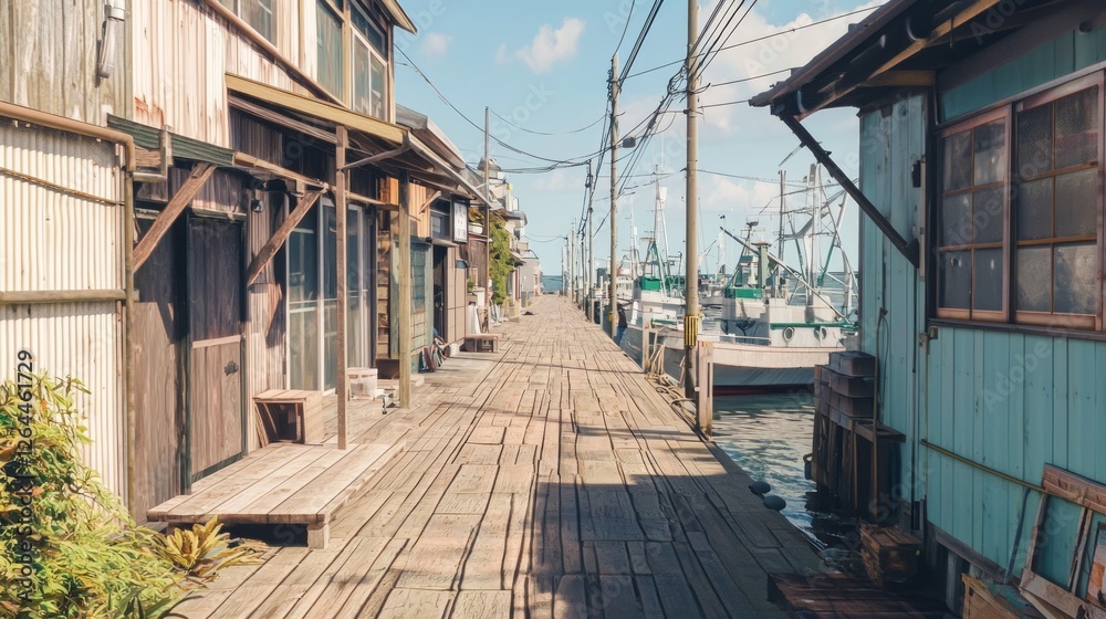 Charming Fishing Village Street with Rustic Wooden Buildings Charming Fishing Village Street with Rustic Wooden Buildings