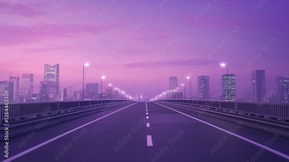 Obraz premium Elevated Pedestrian Bridge at Dusk with City Skyline in Background