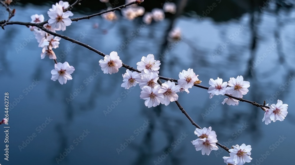 Delicate Cherry Blossom Branch Reflecting on Calm Water Under Soft Blue Tone
Delicate Cherry Blossom Branch Reflecting on Calm Water Under Soft Blue Tone