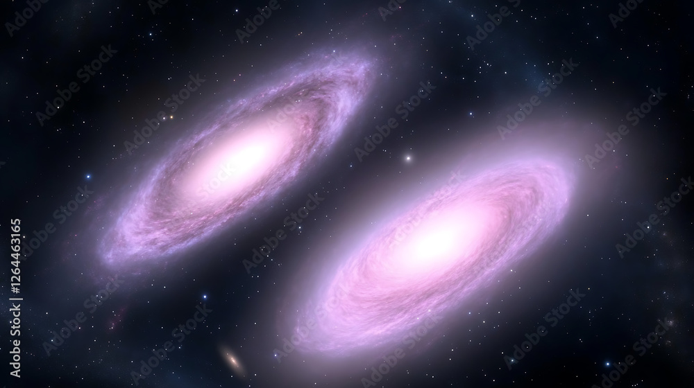 Naklejka premium Cosmic Dance Two Galaxies Interacting Merging Gravitational Forces Creating Stunning Space Art