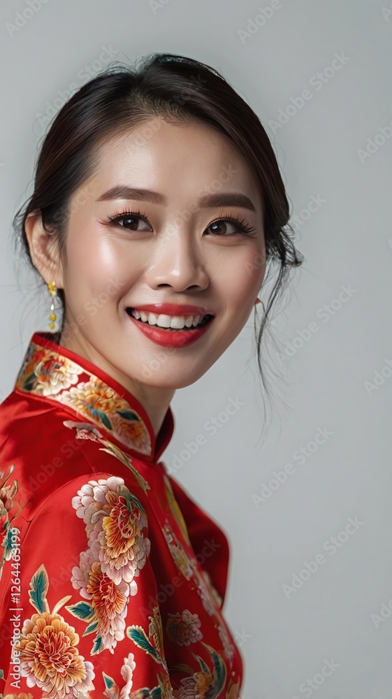 Portrait of joyful beauty Asian woman in red Cheongsam Chinese traditional dress celebrating and announcing isolated on white background. Portrait of joyful beauty Asian woman in red Cheongsam Chinese traditional dress celebrating and announcing isolated on white background.