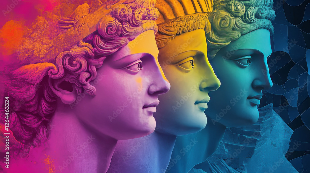 Fototapeta premium Trendy contemporary design for art exhibition poster. Vector horizontal banner of gallery or museum with creative collage with greek sculpture on gradient background