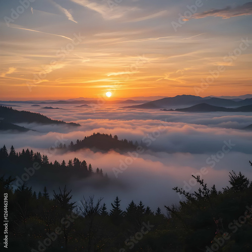 Golden sunrise paints a sea of clouds above the silhouetted mountain ridge