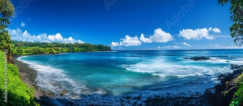 Tropical beach, turquoise water, lush greenery, panoramic view