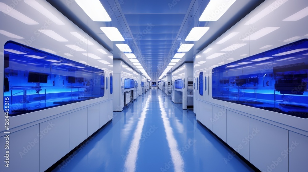 Obraz premium High-tech laboratory interior with illuminated blue displays and modern design in a scientific research facility