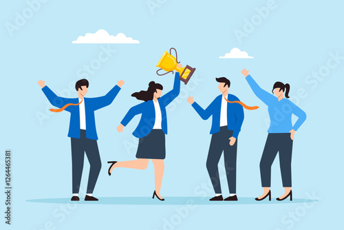 Flat illustration of businesswoman hold winning trophy with team celebrating symbolizing leadership and team success