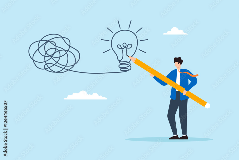Flat illustration of businessman draw lightbulb from messy knot to simplify complex business problem