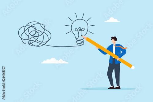 Flat illustration of businessman draw lightbulb from messy knot to simplify complex business problem