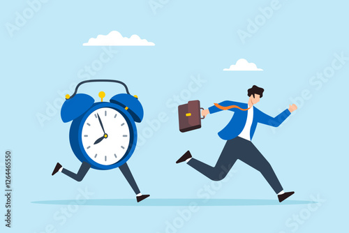 Flat illustration of frustrated businessman run in hurry from clock time symbolizing work late and deadline pressure