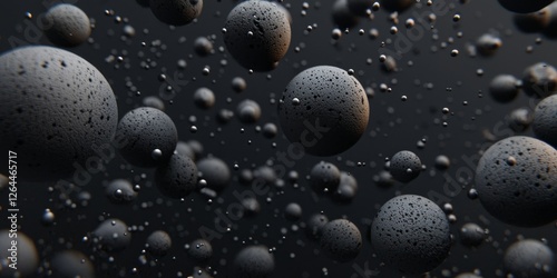 Closeup of PM2.5 particles under a microscope, illustrating their tiny size and inhalation risk, floating spheres with textured surfaces, set against a dark background