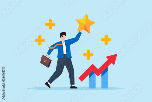 Flat illustration of businessman hold star value with plus sign representing value added growth