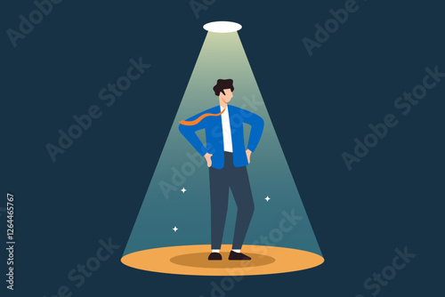 Flat illustration of confident businessman stand under shining spotlight as best success candidate