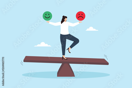 Flat illustration of mindful woman balance smile and sad face emoji to control emotion at work