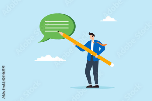Flat illustration of businessman write message on speech bubble to communicate effectively in writing