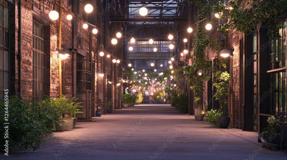 Fototapeta premium Charming Renovated Warehouse District with String Lights and Greenery