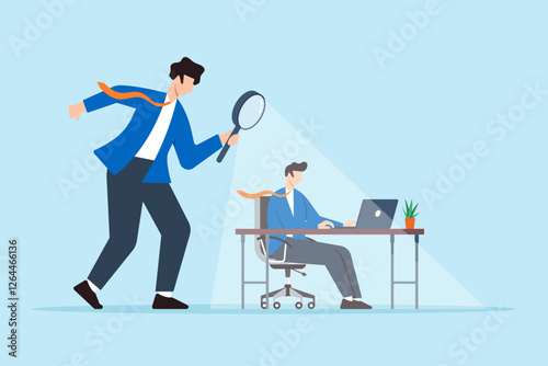 Flat illustration of micromanaging boss toxic manager use magnifying glass to monitoring employee excessively