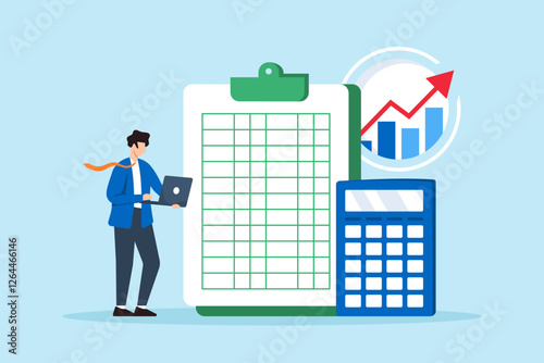 Flat illustration of accountant use calculator and spreadsheet to produce report for financial analysis