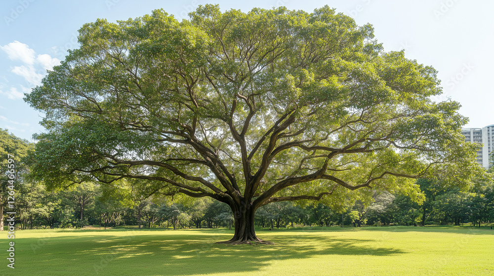 Fototapeta premium Majestic Oak in Sunlit Park: A solitary, majestic oak tree stands tall in a sunlit park, its branches reaching towards the sky, creating a breathtaking scene of nature's grandeur.