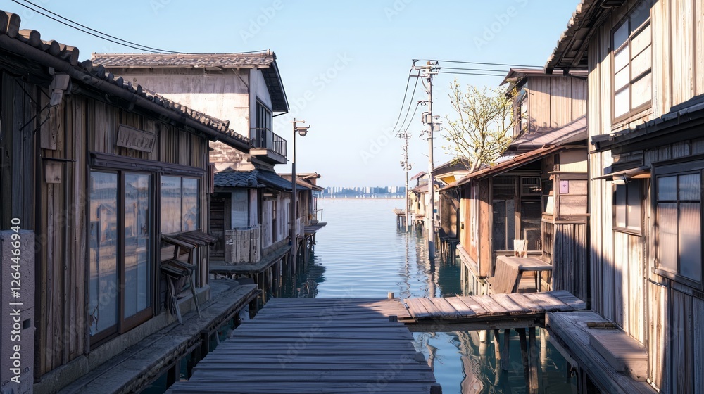 Serene Waterfront Street with Small Fishing Houses and Clear Sky Serene Waterfront Street with Small Fishing Houses and Clear Sky