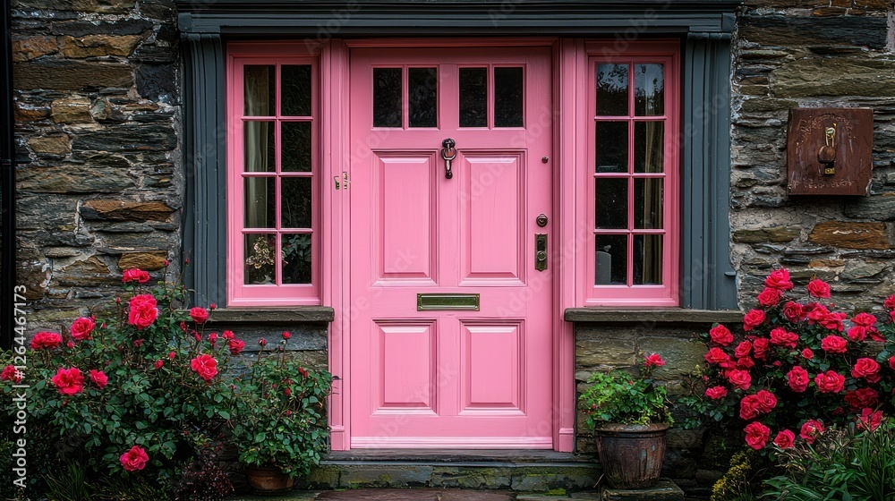 Charming Pink Door in Stone House with Roses Charming Pink Door in Stone House with Roses
