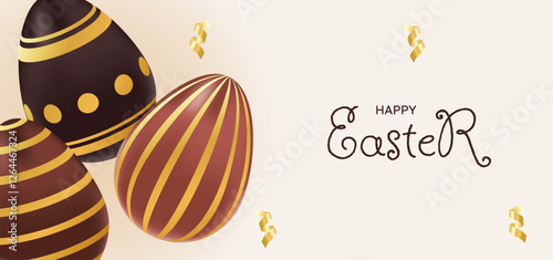 Happy Easter banner. Holiday greeting background with chocolate gold eggs. Template for advertisement, flyer, invitation, voucher. Vector illustration of brown, beige colors