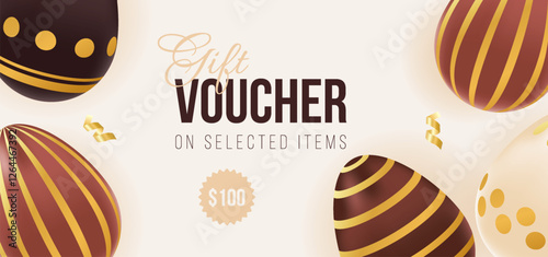 Gift voucher for Happy Easter holiday. Template of promotion and shopping with chocolate gold eggs. Vector illustration for ad, promotion, flyer, discount, advertisement