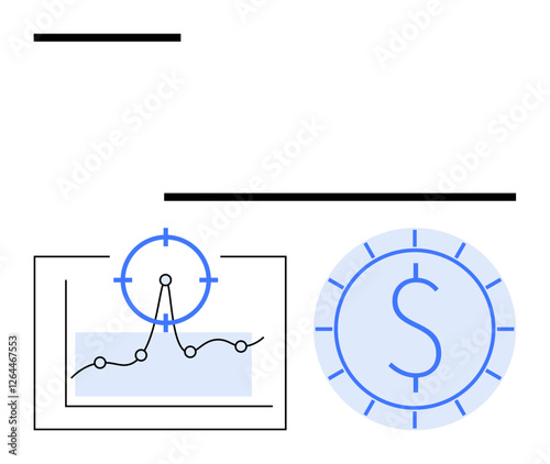 Graph with line trends under crosshair targeting, circle with dollar symbol inside. Ideal for finance, analytics, strategy, investment, marketing, goals business planning. Abstract line flat