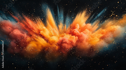 Exploding powder explosion, colorful background. Vibrant color explosion with orange and red powder against a black background