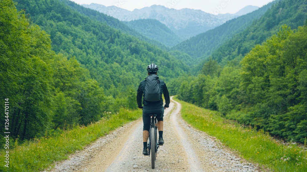 Fototapeta premium Thrilling Adventure: Cyclist Powering Through Enchanting Forest Trail
