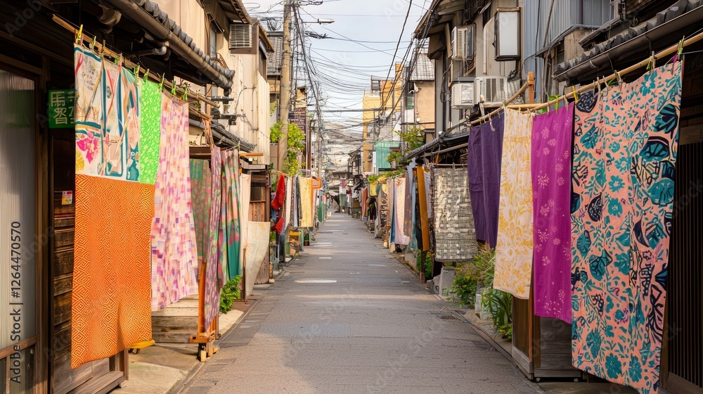 Fototapeta premium Hidden Passage Behind Row of Colorful Fabrics in a Traditional Setting