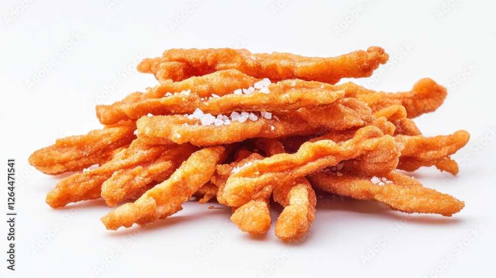 An artistic image of a pile of freshly fried with a sprinkle of sea salt, set against a pure white background, highlighting the texture and color. An artistic image of a pile of freshly fried with a sprinkle of sea salt, set against a pure white background, highlighting the texture and color.