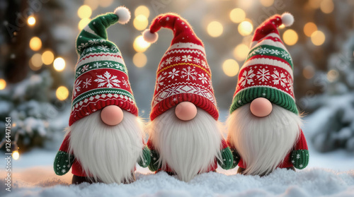 Three Christmas gnomes with red and green knitted hats stand on snowy ground, surrounded by glowing holiday lights, creating a festive atmosphere.
