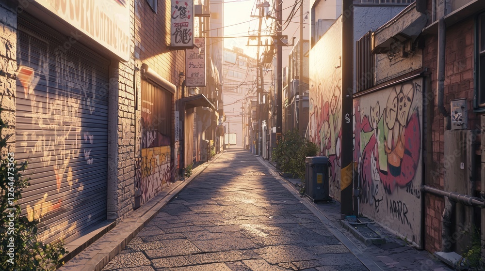 Fototapeta premium Shadowed Alleyway Near Warehouse with Vibrant Graffiti Art
